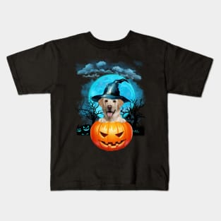 Yellow Labrador Witch Hat Pumpkin And Blue Moon Halloween Kids T-Shirt